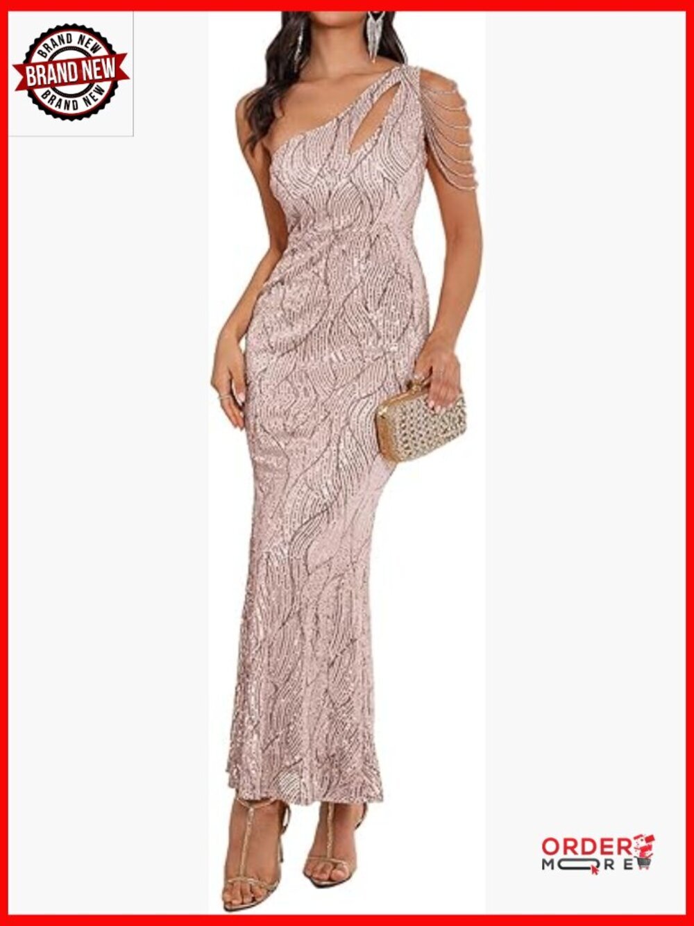 One Shoulder Sequin Maxi Dress with Beaded Sleeve for Formal Occasions